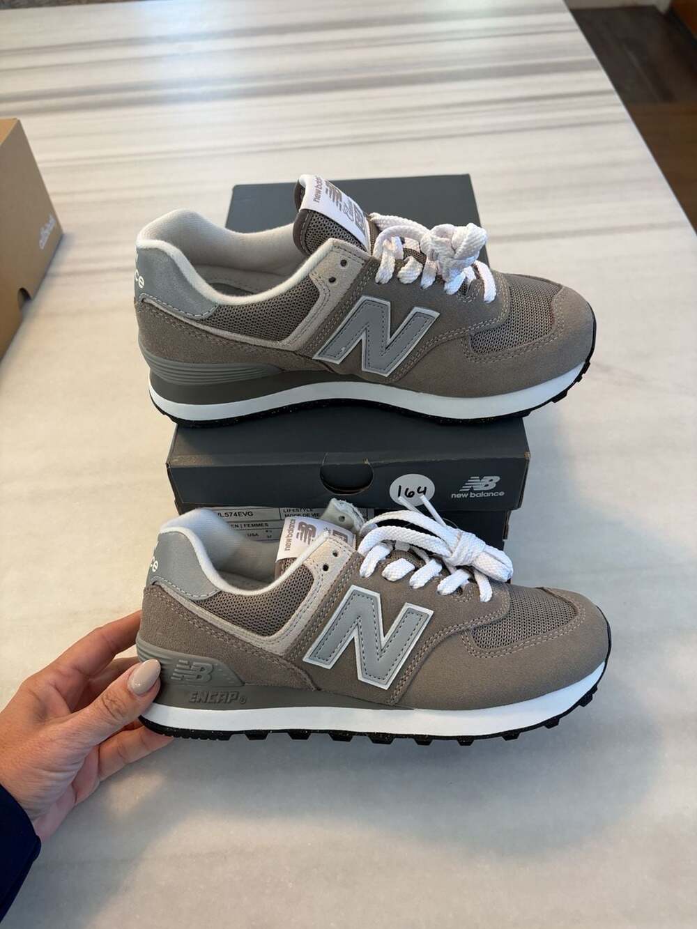 New Balance 574 Size 6.5 Grey White Suede Mesh Sneakers WL574EVG